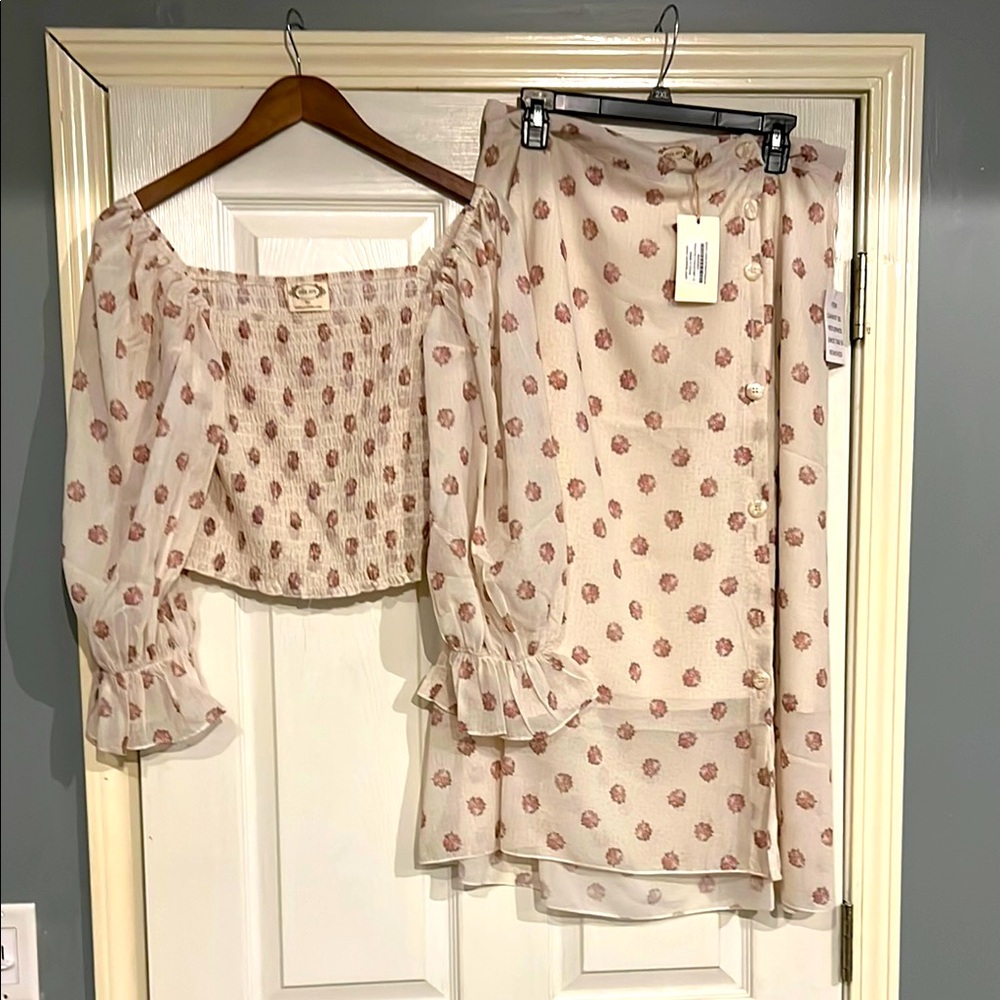 Joyfolie Cream and Pink Wrap Midi Skirt